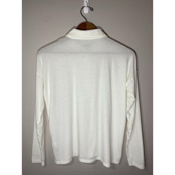 J.Crew‎ Stretch Linen Top Womens S Ivory Relaxed Collared Long Sleeve Polo Shirt - Picture 2 of 4
